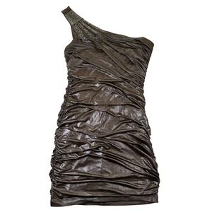VTG City Triangles Dress Bronze Metallic Ruched Rhinestone One Shoulder‎ Large